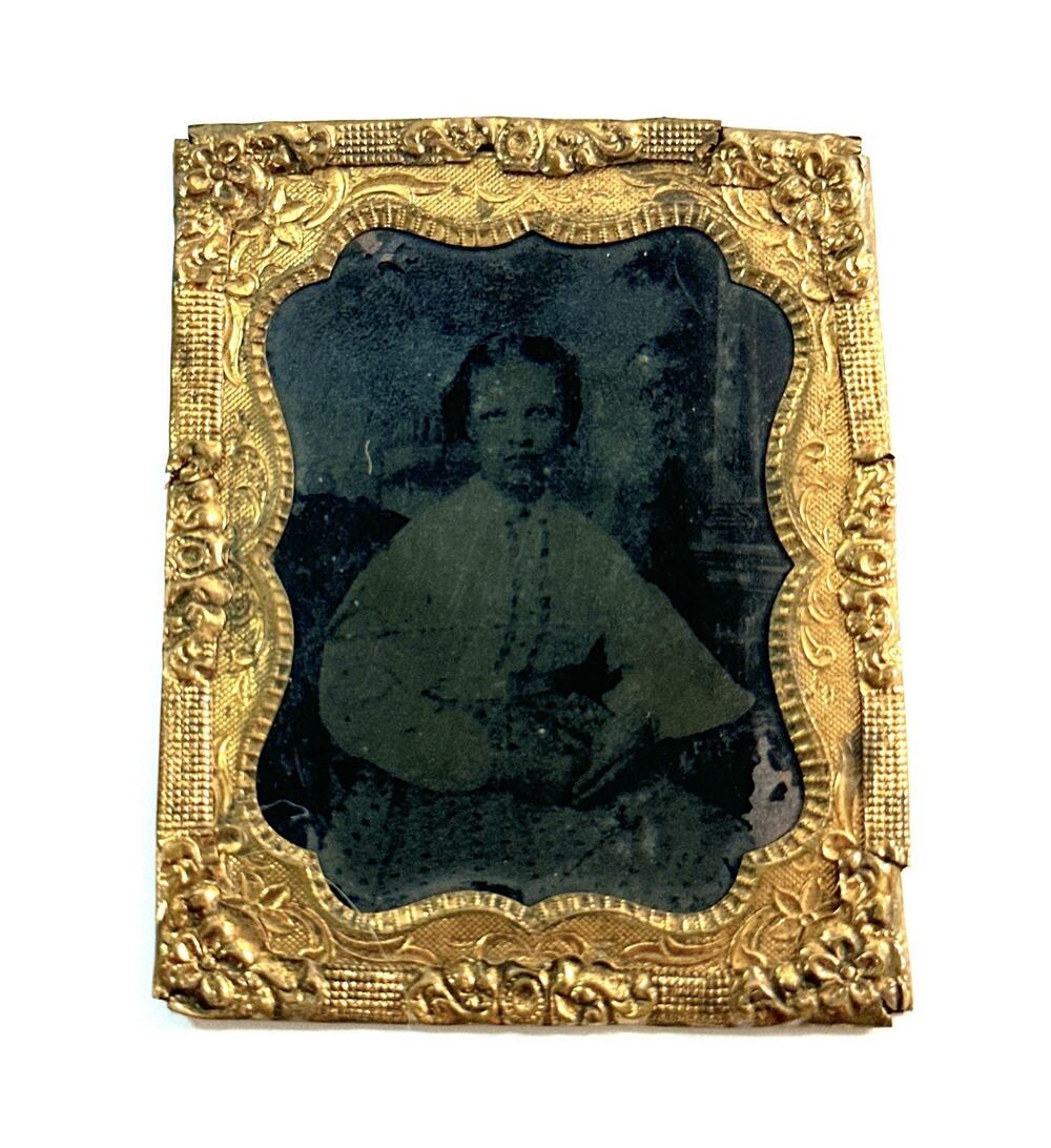 Antique Victorian Tintype Child Portrait Ornate Gilt Metal Frame 2.5”